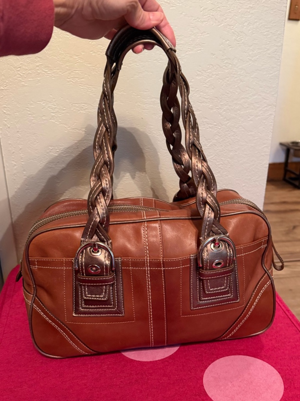 Coach Brown Leather Satchel with Braided Metallic Handles - Picture 2 of 12